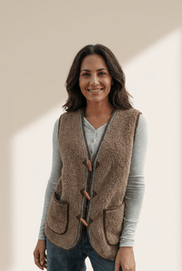 Women's Dark Khaki Sherpa Vest with Geometric Trim and Toggles with practical styling and dependable silhouette control.