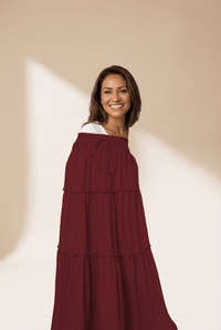 Women's Deep Crimson Tiered Maxi Skirt with Drawstring Waist
