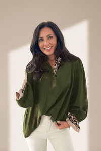 Women's Deep Olive Leopard Trim Polo Blouse with Ruffled Cuffs
