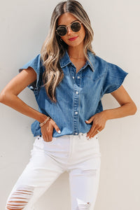Women's Dusk Blue Ruffled Denim Shirt - Short Sleeve Casual Top for Effortless Everyday Style