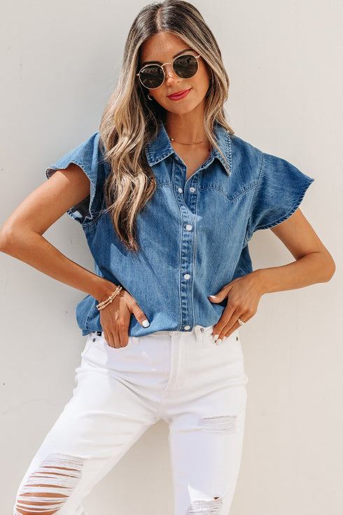 Women's Dusk Blue Ruffled Denim Shirt - Short Sleeve Casual Top for Effortless Everyday Style