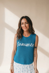 Women's Dusk Blue \"Summer\" Script Embroidered Knit Vest