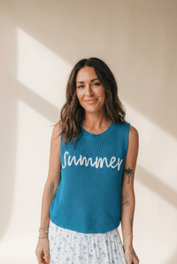 Women's Dusk Blue \"Summer\" Script Embroidered Knit Vest