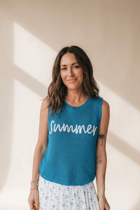 Women's Dusk Blue \"Summer\" Script Embroidered Knit Vest