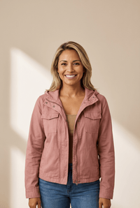 Women's Dusty Rose Utility Zip-Up Hooded Jacket with Flap Pockets