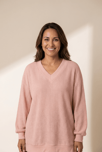 Women's Dusty Rose V-Neck Waffle Knit Thermal Tunic Top
