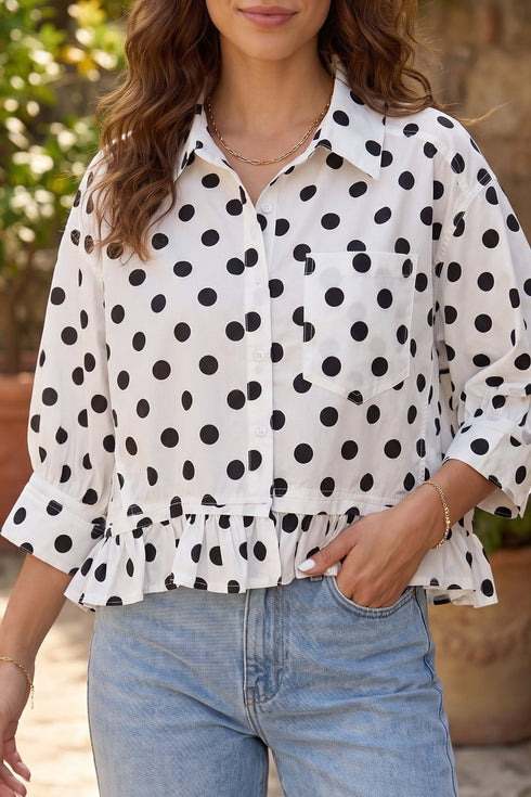 Women's Effortless Style White Polka Dot Ruffle Hem Shirt with Three-Quarter Sleeves for Casual Chic Looks