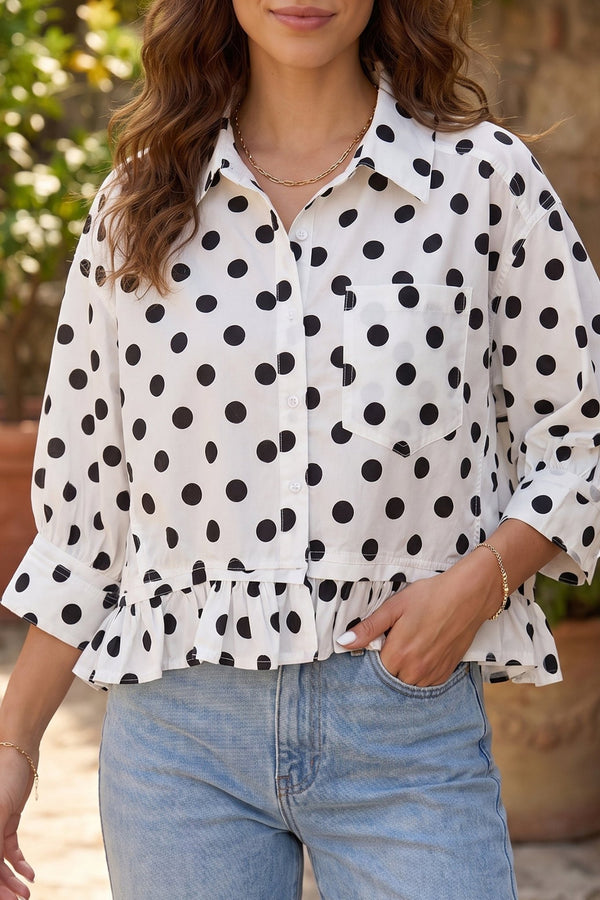 Women's Effortless Style White Polka Dot Ruffle Hem Shirt with Three-Quarter Sleeves for Casual Chic Looks