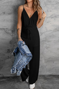 Women's Effortless Women's Chic Black Spaghetti Strap Jumpsuit with Drawstring High Waist and Wide Leg for Stylish Comfort