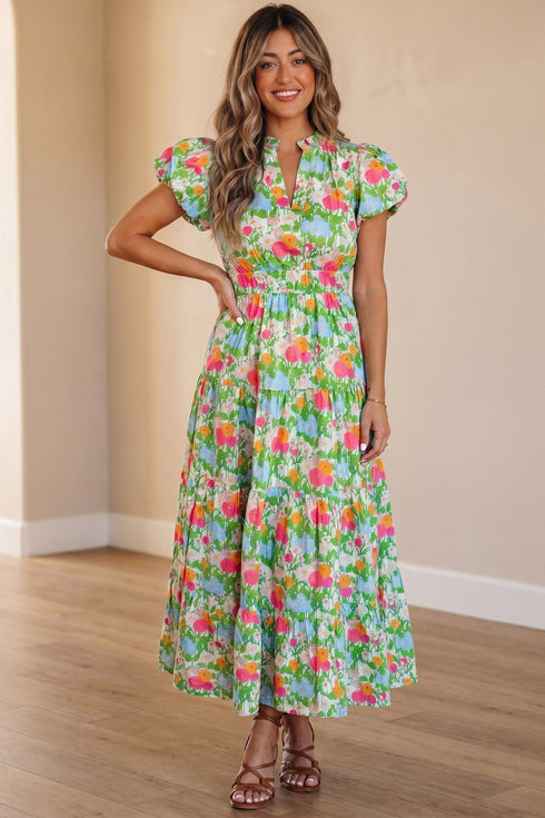 Women's Elegant Green Floral V-Neck Maxi Dress with Short Puff Sleeves - Chic Cotton Summer Style for Effortless Comfort