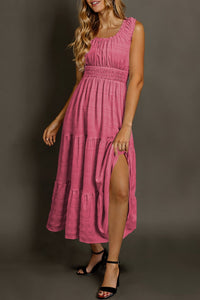 Women's Women’s Elegant Rose Midi Dress - Sleeveless Pleated Design with Square Neckline for Effortless Summer Style