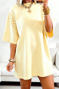 Women's Elegant Yellow Cream Eyelet Lace T-Shirt Dress with Stylish Sleeves and Loose Fit for Effortless Summer Style