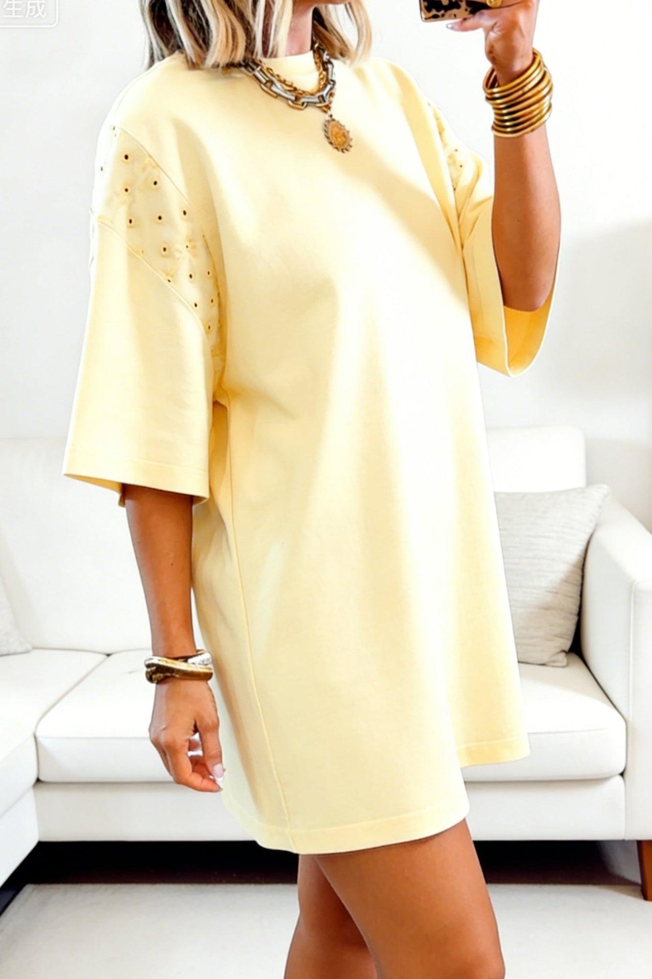 Women's Elegant Yellow Cream Eyelet Lace T-Shirt Dress with Stylish Sleeves and Loose Fit for Effortless Summer Style