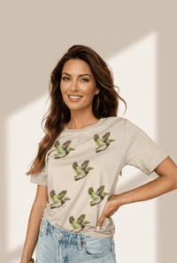 
Women's Embellished Mallard Sequin Graphic Tee in Sand Khaki