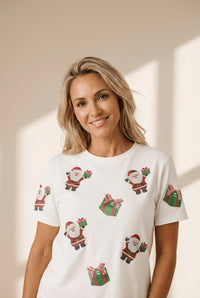 Women's Embellished Santa Graphic T-Shirt in White