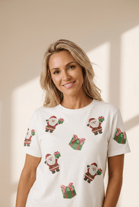 Women's Embellished Santa Graphic T-Shirt in White