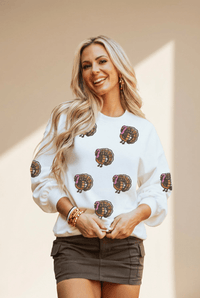 
Women's Embellished Sequin Turkey Sweatshirt in White Cotton-Poly