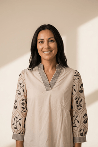 Women's Embroidered Cotton V-Neck Blouse with Contrast Detailing