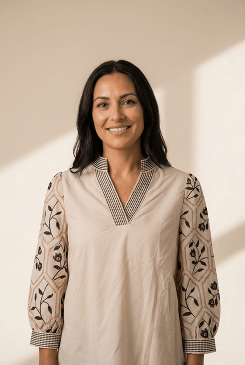 Women's Embroidered Cotton V-Neck Blouse with Contrast Detailing