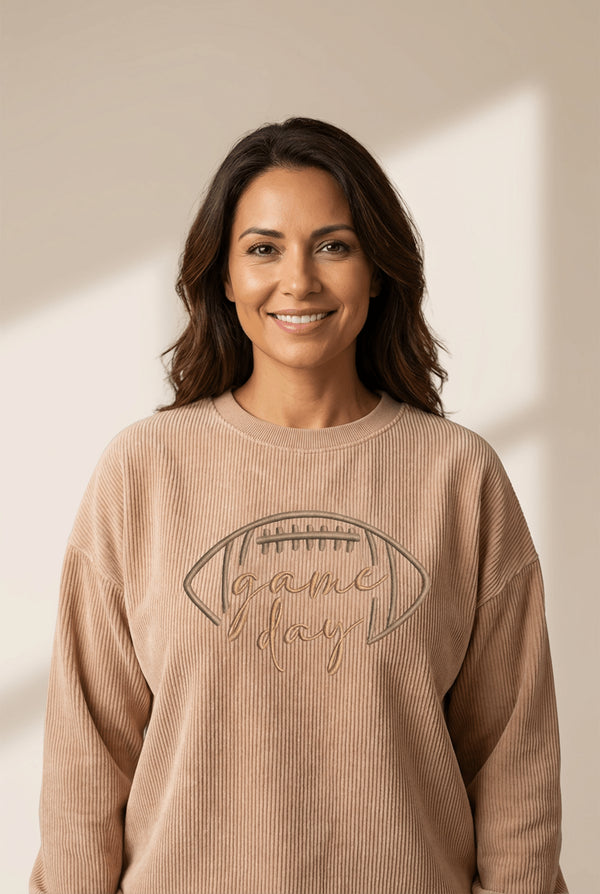 Women's Embroidered Game Day Ribbed Sweatshirt in Apricot