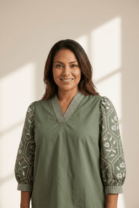 Women's Embroidered Grass Green Cotton Puff Sleeve Blouse