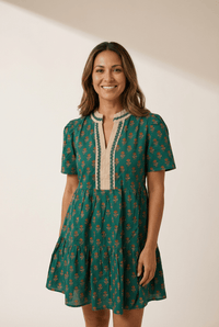 Women's Embroidered Green Cotton Floral Tiered Mini Dress