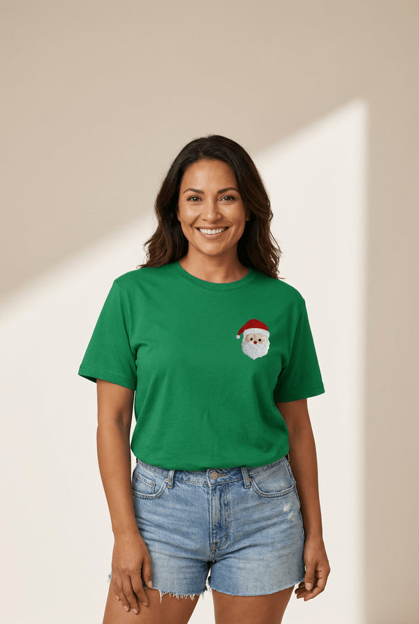 Women's Embroidered Santa Christmas Graphic Tee in Festive Green