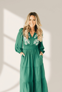 Women's Embroidered Sea Green Tiered Maxi Dress with Smocked Waist