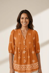 Women's Embroidered V-Neck Viscose Blouse with Puff Half-Sleeves