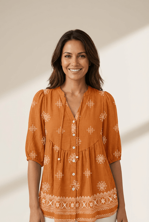Women's Embroidered V-Neck Viscose Blouse with Puff Half-Sleeves