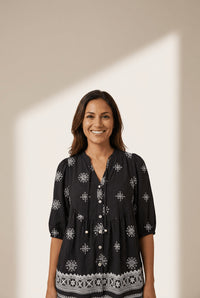 Women's Embroidered Viscose Tie-Neck Blouse with Puff Sleeves