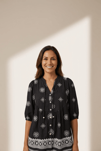 Women's Embroidered Viscose Tie-Neck Blouse with Puff Sleeves
