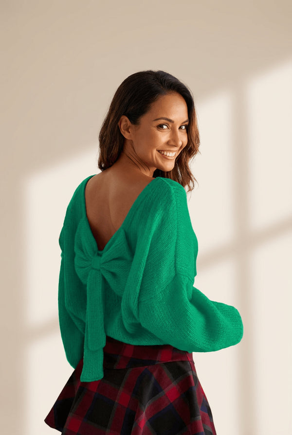 Women's Emerald Backless Bow Bubble-Sleeve Sweater
