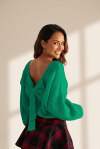 Women's Emerald Green Backless Bow Sweater with Bubble Sleeves
