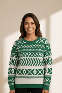 
Women's Emerald Green Geometric Intarsia Knit Pullover