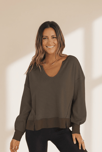Women's Espresso Waffle Knit V-Neck Pullover with Drop Shoulders