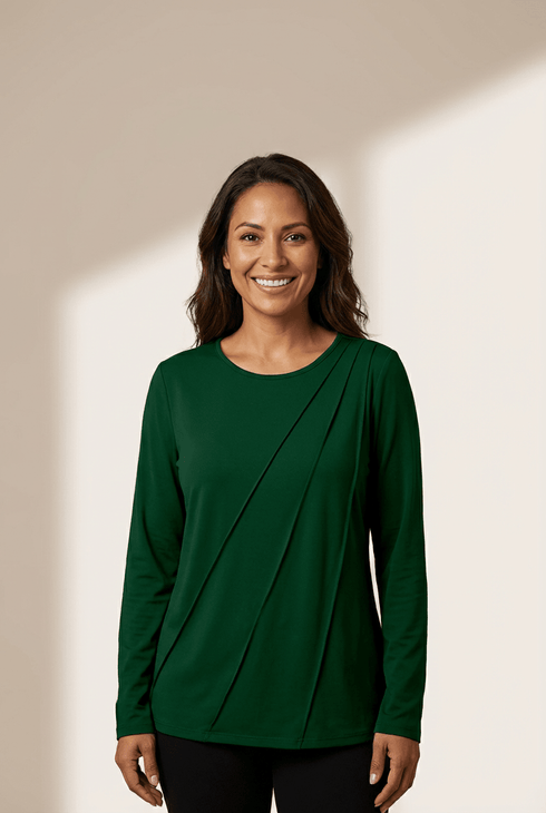 Evergreen  Asymmetric Seam Detail Solid Color Long Sleeve Top
