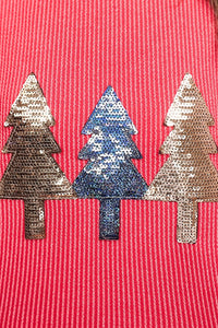 Coral Sequin Christmas Tree Patched Twisted Ribbed Drop Shoulder Long Sleeve Top