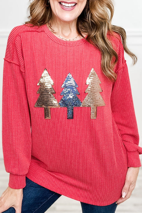 Coral Sequin Christmas Tree Patched Twisted Ribbed Drop Shoulder Long Sleeve Top