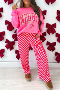 $14.49 Pink Christmas Slogan Graphic Plaid Contrast Two-piece Pant Set Wholesale