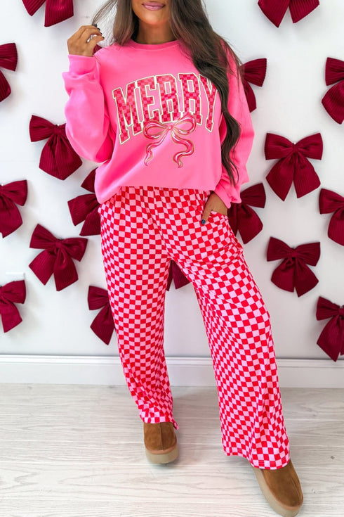 $14.49 Pink Christmas Slogan Graphic Plaid Contrast Two-piece Pant Set Wholesale