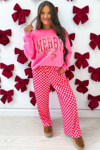 $14.49 Pink Christmas Slogan Graphic Plaid Contrast Two-piece Pant Set Wholesale