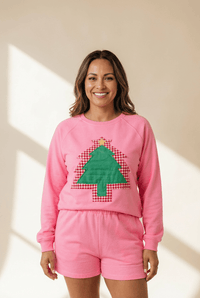 Women's Festive Pink Christmas Tree Sweatshirt and Shorts Set