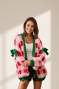 Women's Festive Plaid Oversized Cardigan with Bow Details