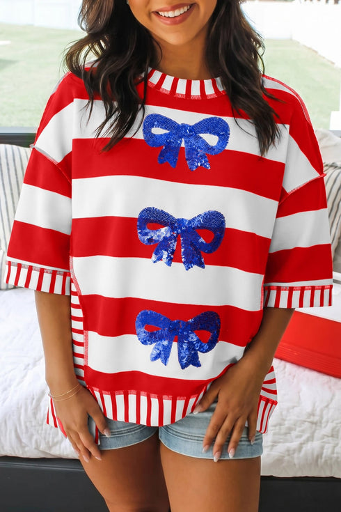 Women's Festive Red Stripe Sequin Bow Blouse – Stylish Half Sleeve Summer Top for Celebrating in Style