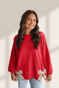 
Women's Fiery Red Floral Bow Relaxed Sweatshirt with Exposed Seams