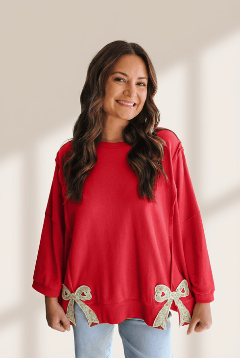 Women's Fiery Red Floral Bow Relaxed Sweatshirt with Exposed Seams