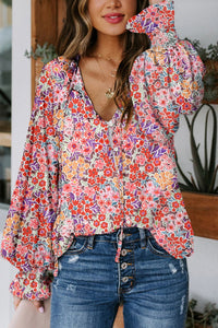 Women's Fiery Red Floral Smocked Blouse - Chic Short Sleeve Summer Top, Elegant Fit for Effortless Style