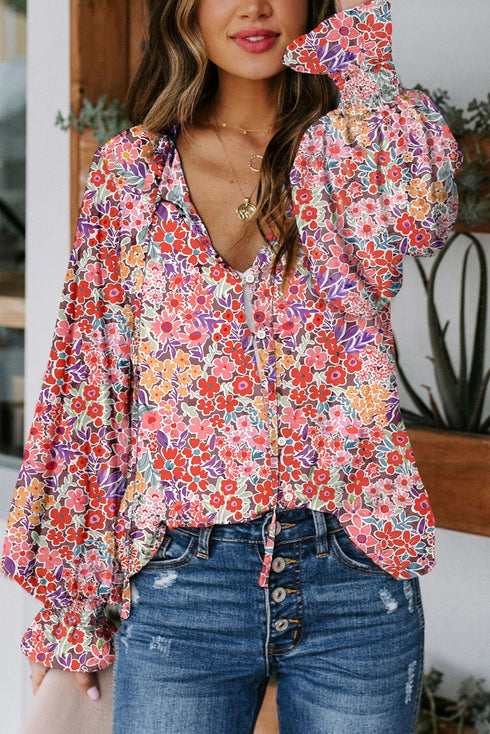 Women's Fiery Red Floral Smocked Blouse - Chic Short Sleeve Summer Top, Elegant Fit for Effortless Style