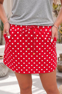 Women's Fiery Red Polka Dot Mini Skort with Adjustable Drawstring - Stylish Casual Summer Essential for Effortless Chic